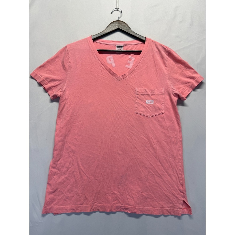 Victoria's Secret T Shirt Women Medium Coral Pink Graphic Print Pink Love V Neck